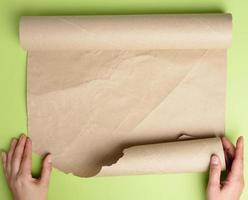 two female hands hold rolled brown paper, green background photo