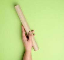 female hand hold brown paper towel from a roll of kitchen towels photo