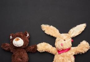 beige plush rabbit toy with long ears and a brown bear on a black background photo