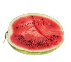 half ripe red watermelon with seeds isolated on white background, delicious summer berry photo