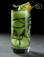 transparent glass with cucumber pieces, mint leaves and mineral water, healthy lifestyle photo