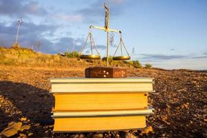 Stacked books with scale photo