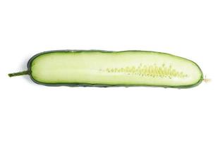 half green cucumber isolated on white background, top view photo