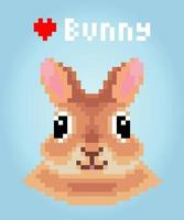 8 bits pixel head rabbit. Animals for game assets and cross stitch patterns in vector illustrations.