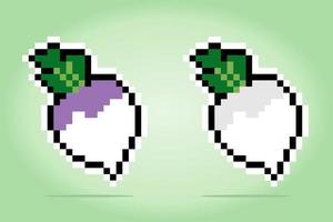 8 bit pixels radish. Vegetables for game assets and cross stitch patterns in vector illustrations.