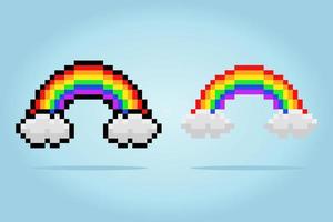 8 bit pixel rainbow with clouds, for game assets and cross stitch patterns in vector illustrations.