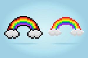 Arco iris de píxeles de 8 bits con nubes, para activos de juegos y patrones de punto cruzado en ilustraciones vectoriales. vector