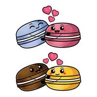 personajes de macarons de pareja de vectores. lindos macarrones están tomados de la mano. conjunto de caracteres para la tarjeta del día de san valentín. vector