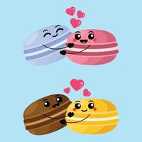 personajes de macarons de pareja de vectores. lindos macarrones están tomados de la mano. conjunto de caracteres para la tarjeta del día de san valentín. vector