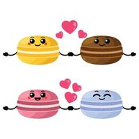 personajes de macarons de pareja de vectores. lindos macarrones están tomados de la mano. conjunto de caracteres para la tarjeta del día de san valentín. vector