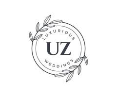 Plantilla de logotipos de monograma de boda con letras iniciales uz, plantillas florales y minimalistas modernas dibujadas a mano para tarjetas de invitación, guardar la fecha, identidad elegante. vector