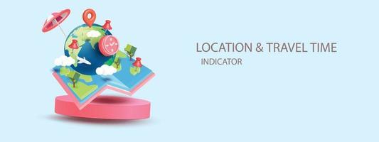 podium with phone internet online 3D World Map icon with pins navigator minimal pink travel vector checking points illustration concept destination plan cartoon