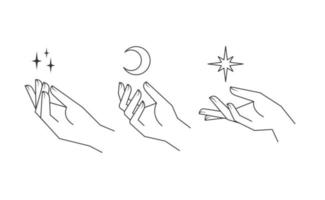 Aesthetic hands vector linear illustrations. Stylized elegant hand drawings with different gestures.