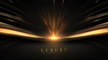 Black luxury background with golden line elements and light ray effect decoration and bokeh. vector