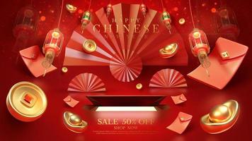 Red luxury background with product display podium element with 3d realistic chinese new year ornament and glitter light effect decoration and bokeh. Vector illustration.