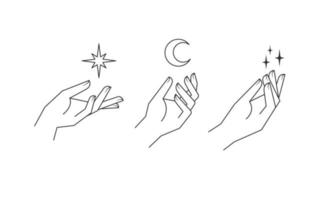 Aesthetic hands vector linear illustrations. Stylized elegant hand drawings with different gestures.