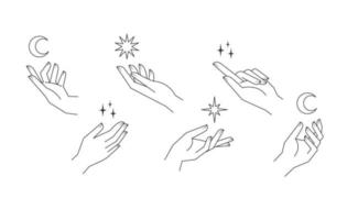 Aesthetic hands vector linear illustrations. Stylized elegant hand drawings with different gestures.