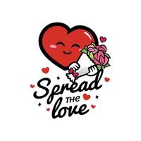 Cute heart cartoon character holding bouquets with valentine message quotes, spread the love vector