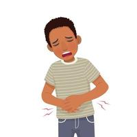 Young African man suffering from stomachache, diarrhea, indigestion problem, abdominal pain, food poisoning, nausea, gastritis or bloating vector