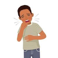 joven africano enfermo tosiendo a causa de los síntomas del resfriado, la fiebre, la bronquitis, el asma, la alergia y las enfermedades respiratorias vector