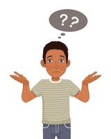 young African man feeling confused, doubt and clueless showing I have no idea gesture, shrugging shoulders and raising hands with puzzled facial expression vector