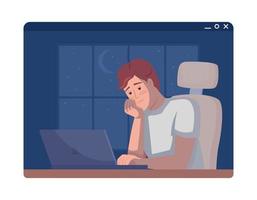 Freelance burnout 2D vector isolated illustration. Overworked male freelancer working at night flat character on cartoon background. Colorful editable scene for mobile, website, presentation