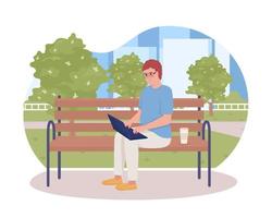 Virtual job 2D vector isolated illustration. Male freelancer working with laptop on bench in park flat character on cartoon background. Colorful editable scene for mobile, website, presentation