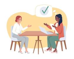 Interview session 2D vector isolated illustration. Manager informing candidate of meeting conclusion flat characters on cartoon background. Colorful editable scene for mobile, website, presentation