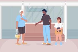 Good manners on public transport flat color vector illustration. Man giving up seat to elderly male citizen. Fully editable 2D simple cartoon characters with train, bus interior on background