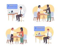 Conducting job interview 2D vector isolated illustration set. Headhunters and applicants flat characters on cartoon background. Colorful editable scenes pack for mobile, website, presentation