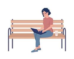 Female freelancer working remotely on bench semi flat color vector character. Editable figure. Full body person on white. Simple cartoon style illustration for web graphic design and animation