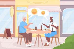 Ilustración de vector de color plano de amistad duradera. amigos mayores riéndose juntos y almorzando en el café. personajes de dibujos animados simples en 2d totalmente editables con exterior de café en el fondo