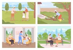 conjunto de ilustración de vector de color plano de estilo de vida de adultos mayores saludables. centro de salud. afición a la jardinería. colección de personajes de dibujos animados simples 2d completamente editable con paisaje en el fondo