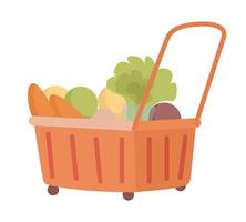 Basket cart with vegetables semi flat color vector object. Shopping trolley. Editable item. Full sized element on white. Simple cartoon style illustration for web graphic design and animation