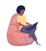 Woman with laptop sitting on bean bag comfortably semi flat color vector character. Editable figure. Full body person on white. Simple cartoon style illustration for web graphic design and animation