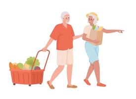 pareja de ancianos comprando juntos personajes vectoriales de color semiplano. tienda de comestibles. figuras editables. personas de cuerpo completo en blanco. ilustración de estilo de dibujos animados simple para diseño gráfico web y animación vector