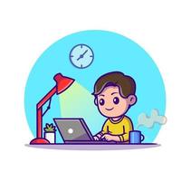 Cute Boy Study With Laptop Cartoon Vector Icon Illustration. Education  Technology Icon Concept Isolated Premium Vector. Flat Cartoon Style