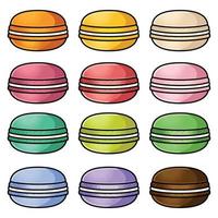 conjunto de macarrones de diferentes sabores. diferentes colores de macarrones. ilustración de conjunto de iconos. ilustración vectorial de dibujos animados de diseño plano vector