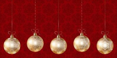 Set of hanging gold Christmas tree balls on red background. Festive New Year or Christmas background with Christmas tree toys and space for text. Red and gold color. Vector. Modern background design. vector