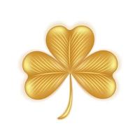 Golden shamrock 3d. Symbol of Happy St. Patricks Day and good luck. Clover leaf isolated on white background. Vector illustration.