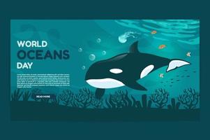 World oceans day 8 June web banner. Save our ocean. Large whale orca and fish were swimming underwater with beautiful coral and seaweed background vector illustration.