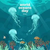 Día mundial de los océanos 8 de junio. salvar nuestro océano. las medusas y los peces nadaban bajo el agua con hermosas ilustraciones de vectores de fondo de coral y algas marinas.
