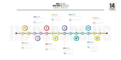 Timeline infographics design template with 14 options, process diagram.