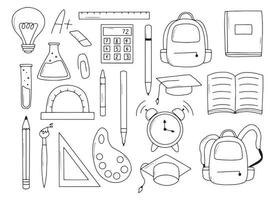 Set of school items. Vector illustration. Doodle style. Collection of school elements. Back to school. End of school.