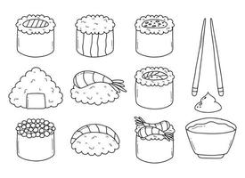 Doodle style sushi set. Cute Japanese sushi. vector illustration. linear. Sushi restaurant logo.