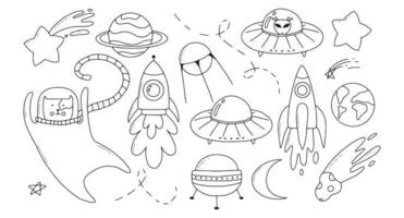 Childrens space set. Space elements collection, moon, astronaut, stars, rocket. Vector illustration in doodle style.Line style.