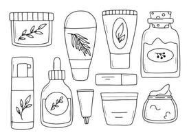 Set of natural cosmetics. Collection of organic cosmetics for skin care. Herbal cosmetics. Vector illustration. Doodle style.