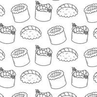 Seamless pattern with sushi in doodle style. Sushi in line style. Cute doodler rolls. Vector illustration.