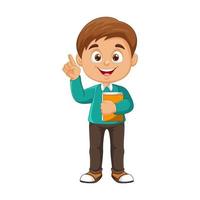 Vector cartoon little boy with book and pointing up