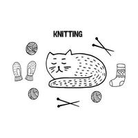 Cute doodle set with scandi cat, mittens, wool, knitting and socks. Hand drawn vector illustration.